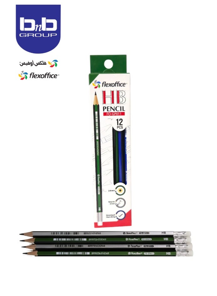 FLEXOFFICE FO-GP011 Wooden Pencil Box containing 12 pencils. A writing and drawing tool for students, suitable for exams, school, office, and home drawing. - Image 1